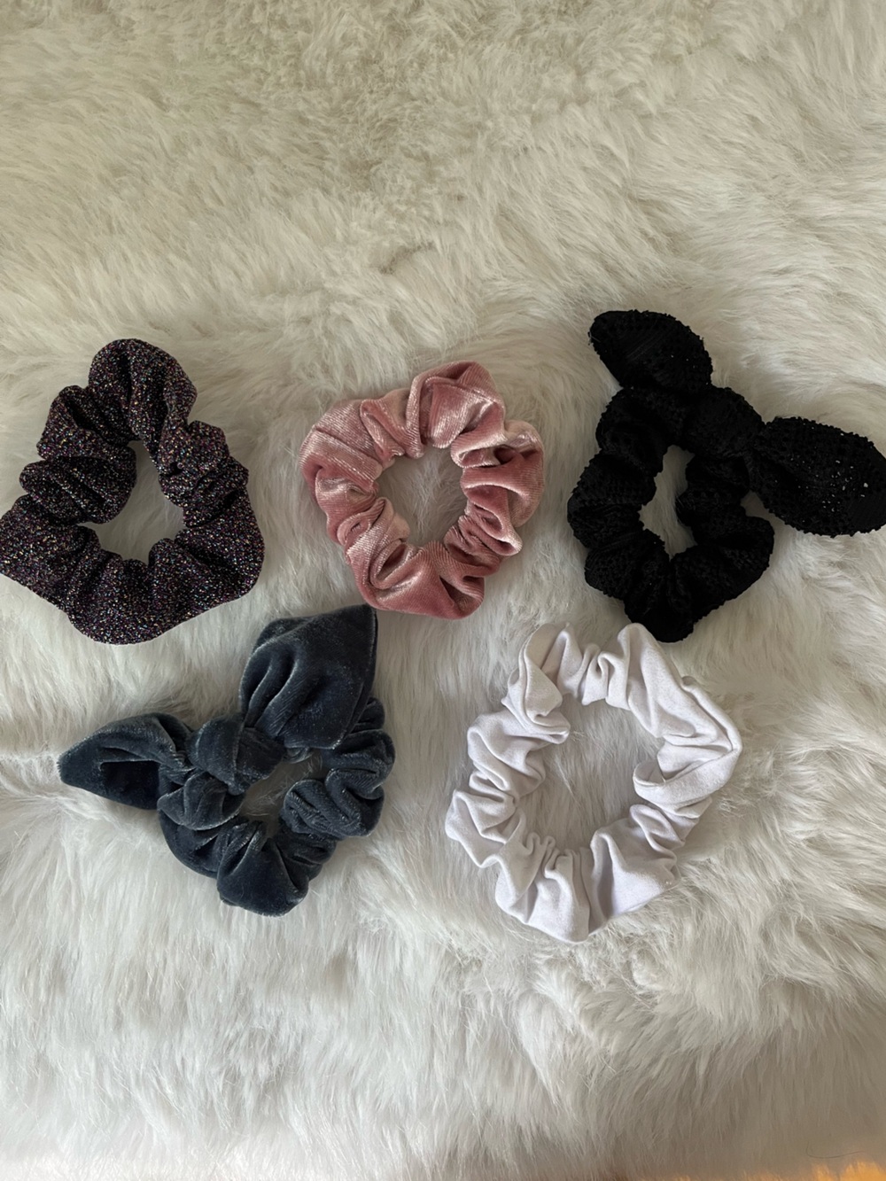 Bundle of Different Scrunchies - Velvet, Sparkly, Crochet Lace, Cotton